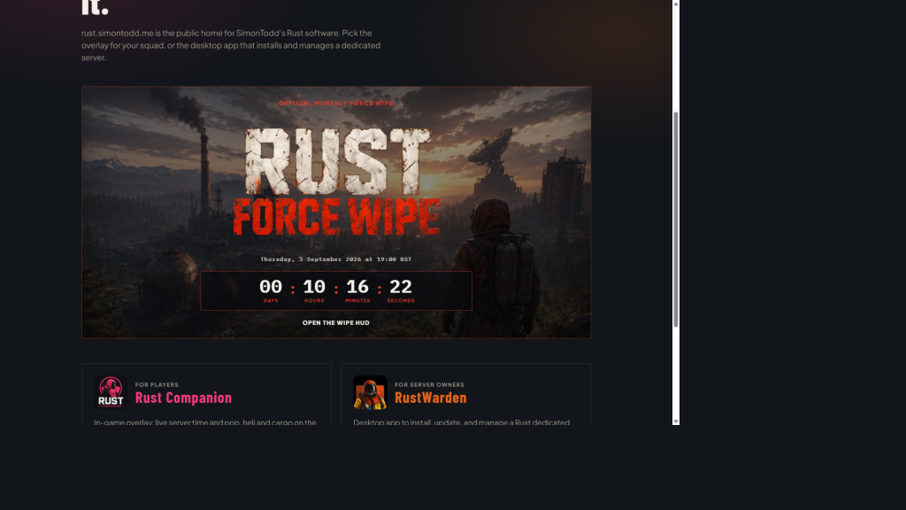 rust.simontodd.me landing page with the force wipe countdown strip