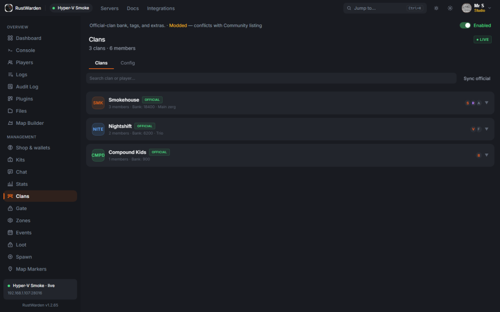 Official clans with tags, banks, and member counts