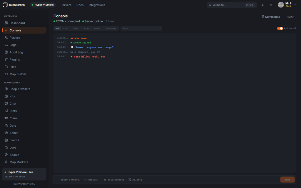 Live RCON console with chat, joins, and deaths