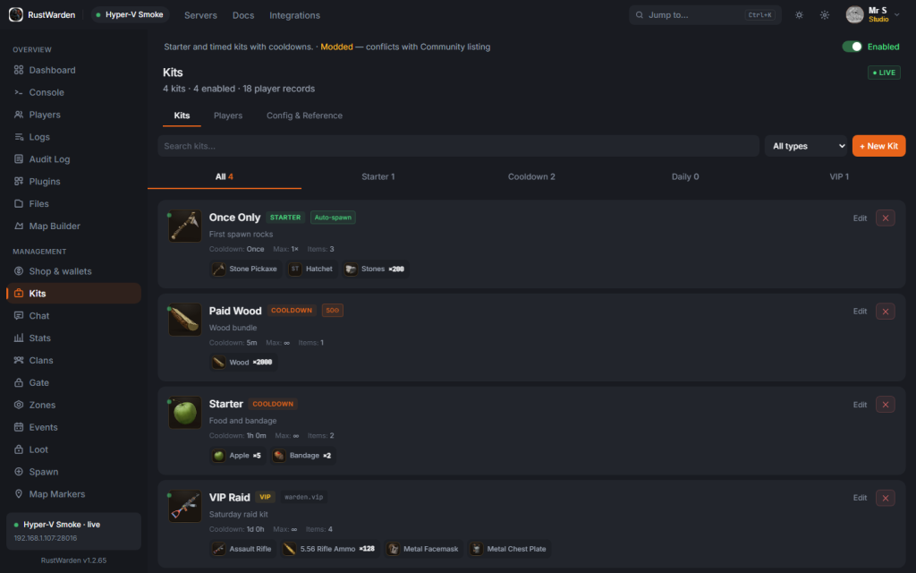 Kit editor with starter, cooldown, and VIP raid kits