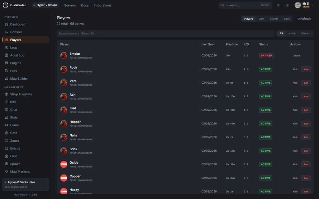 Players list with Steam avatars, kick and ban