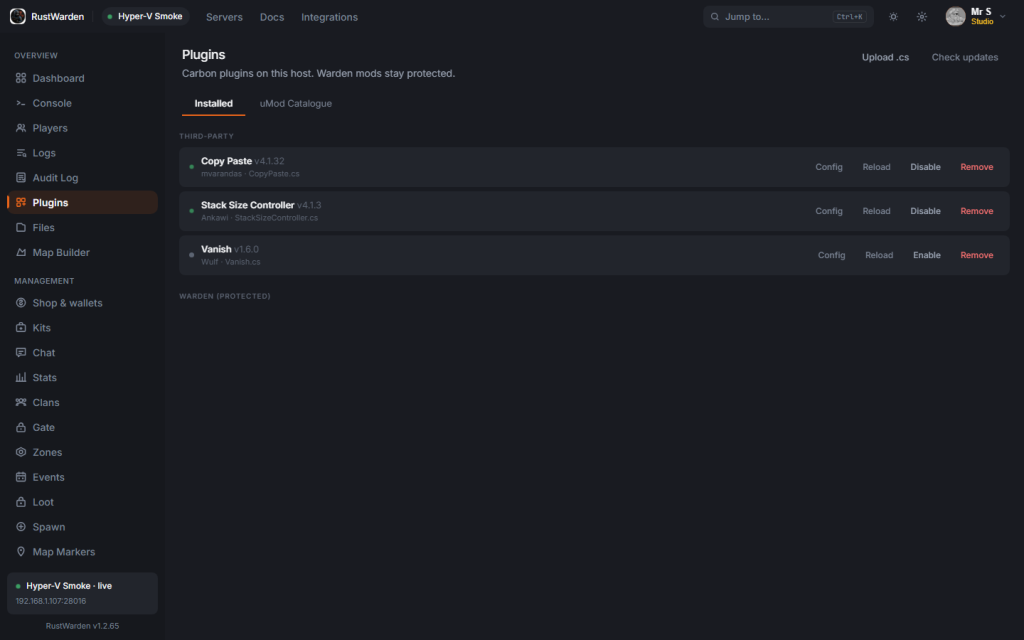 Installed Carbon plugins with enable and remove